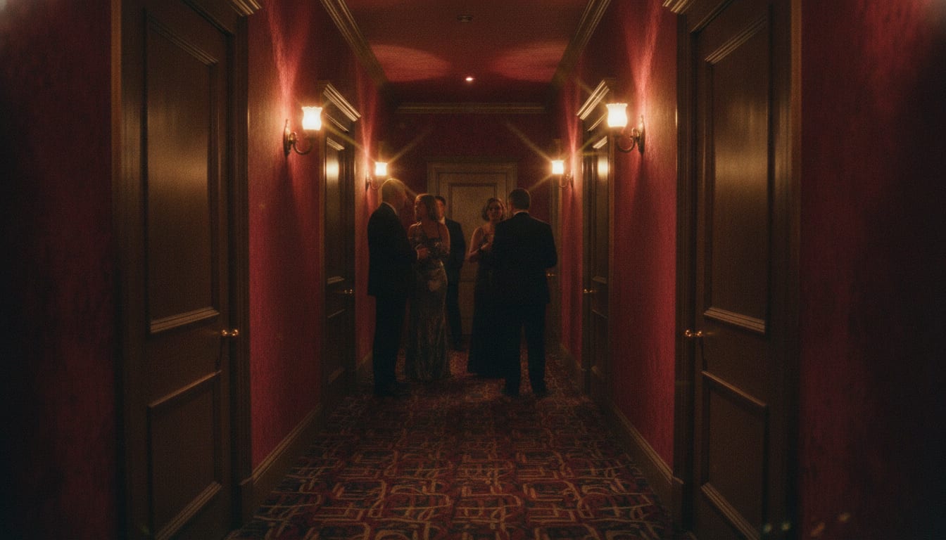 Couloir de club avec portes fermées, tapis à motifs et appliques murales
